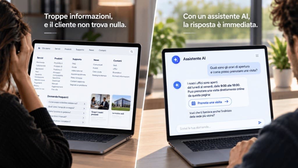 Sito ricco di voci di menu a confronto con un assistente AI che trova subito orari e prenotazione.