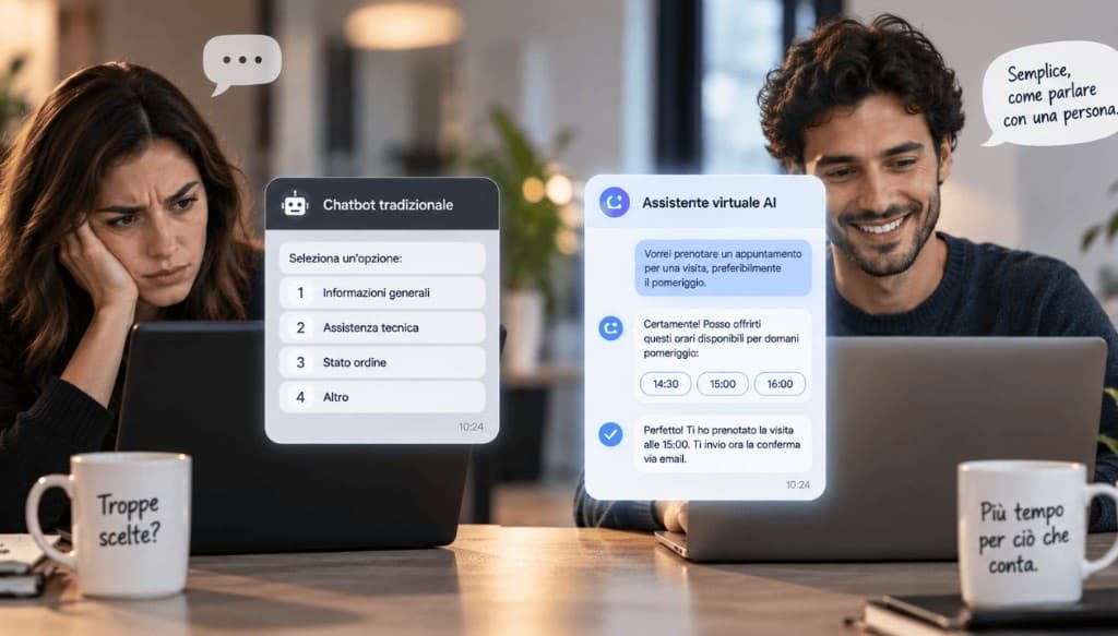 Chatbot tradizionale a menu a confronto con un assistente virtuale AI che conversa e completa una prenotazione.