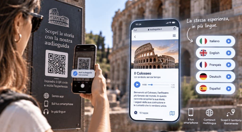 Audioguida digitale senza app: QR code, smartphone e contenuti multilingua durante la visita.