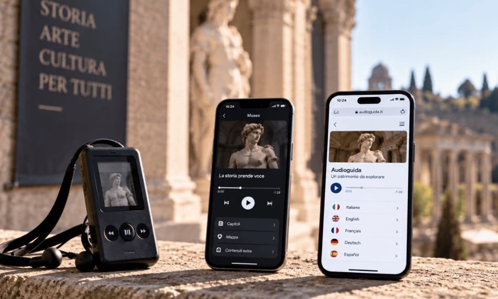 Confronto tra audioguida tradizionale, app dedicata e web app accessibile da smartphone.