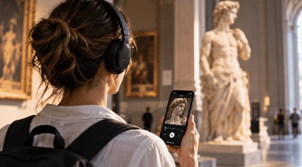Visitatrice in un museo ascolta un’audioguida AI sul proprio smartphone davanti a una scultura.