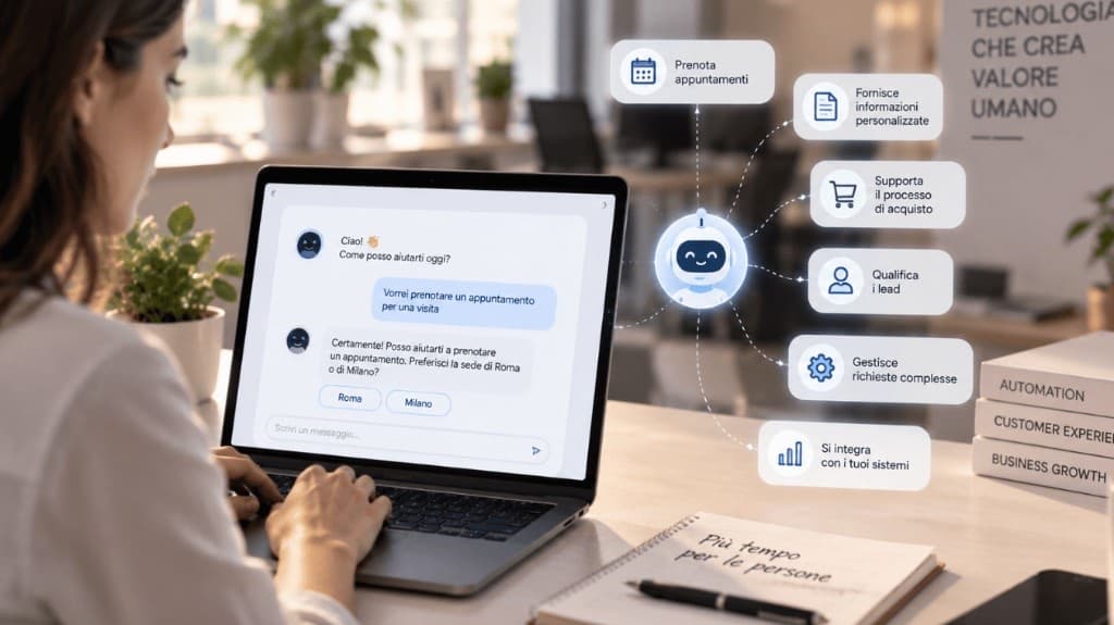 Chatbot AI aziendale che prenota appuntamenti, fornisce informazioni, qualifica i lead e si integra con i sistemi.