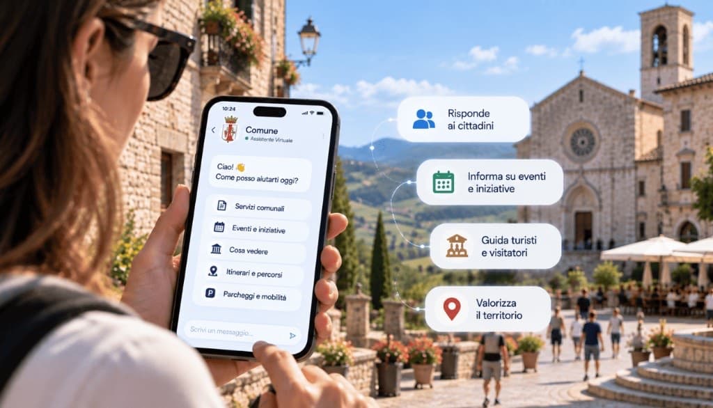 Assistente virtuale comunale su smartphone per servizi ai cittadini, eventi, turismo e valorizzazione del territorio.