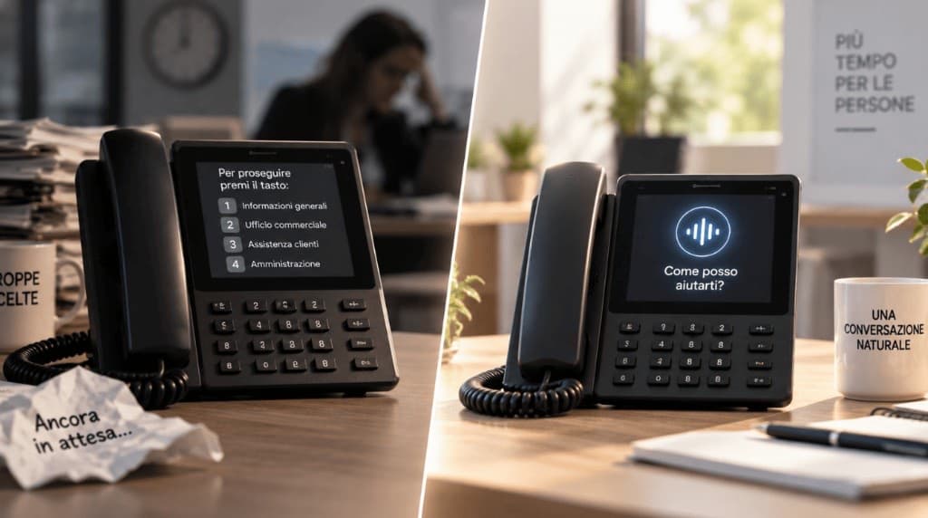 Confronto tra un IVR a menu numerici e un centralino AI che risponde in linguaggio naturale.