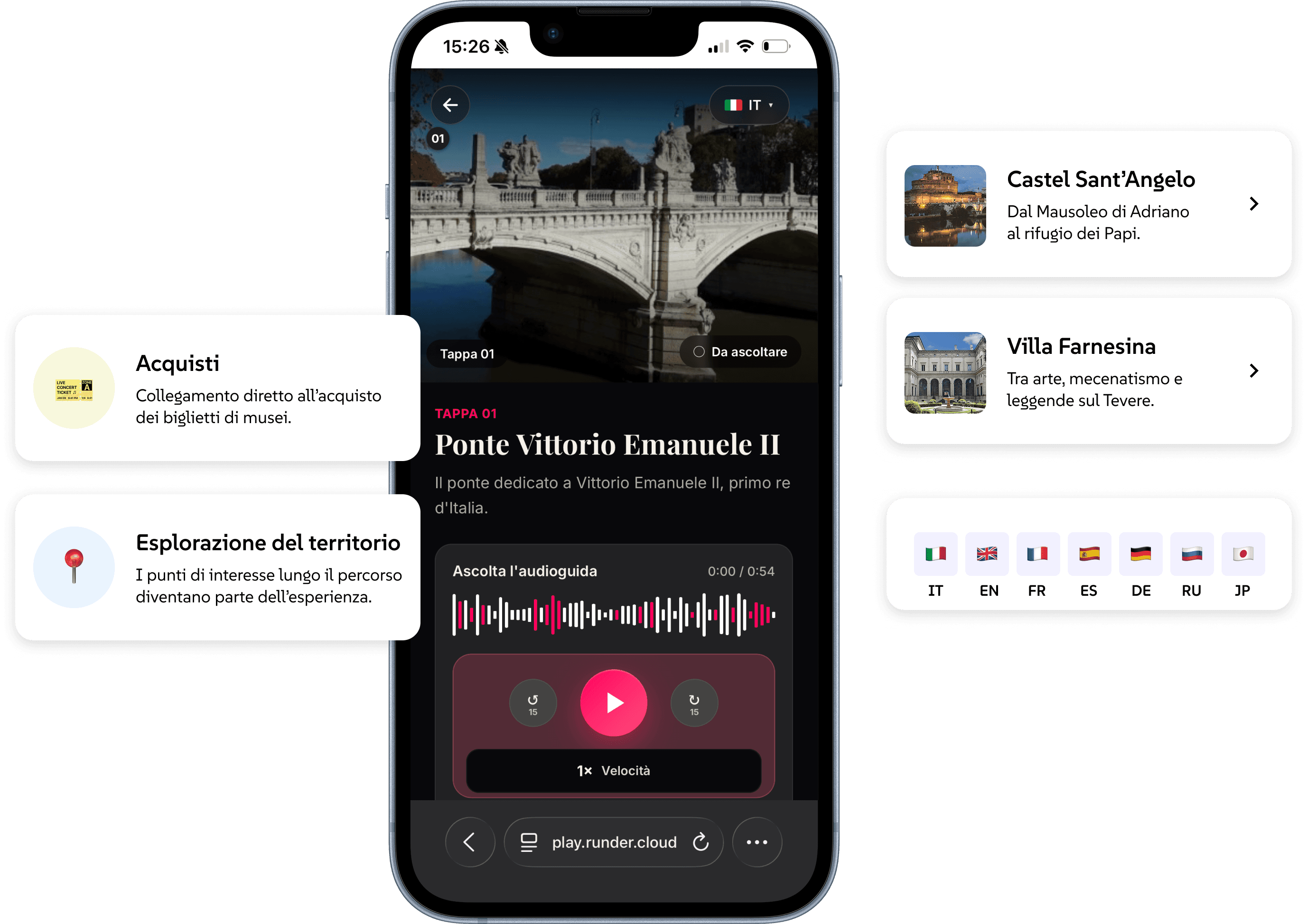 Player RunPlay sulla tappa Ponte Vittorio Emanuele II, con punti di interesse e lingue del percorso