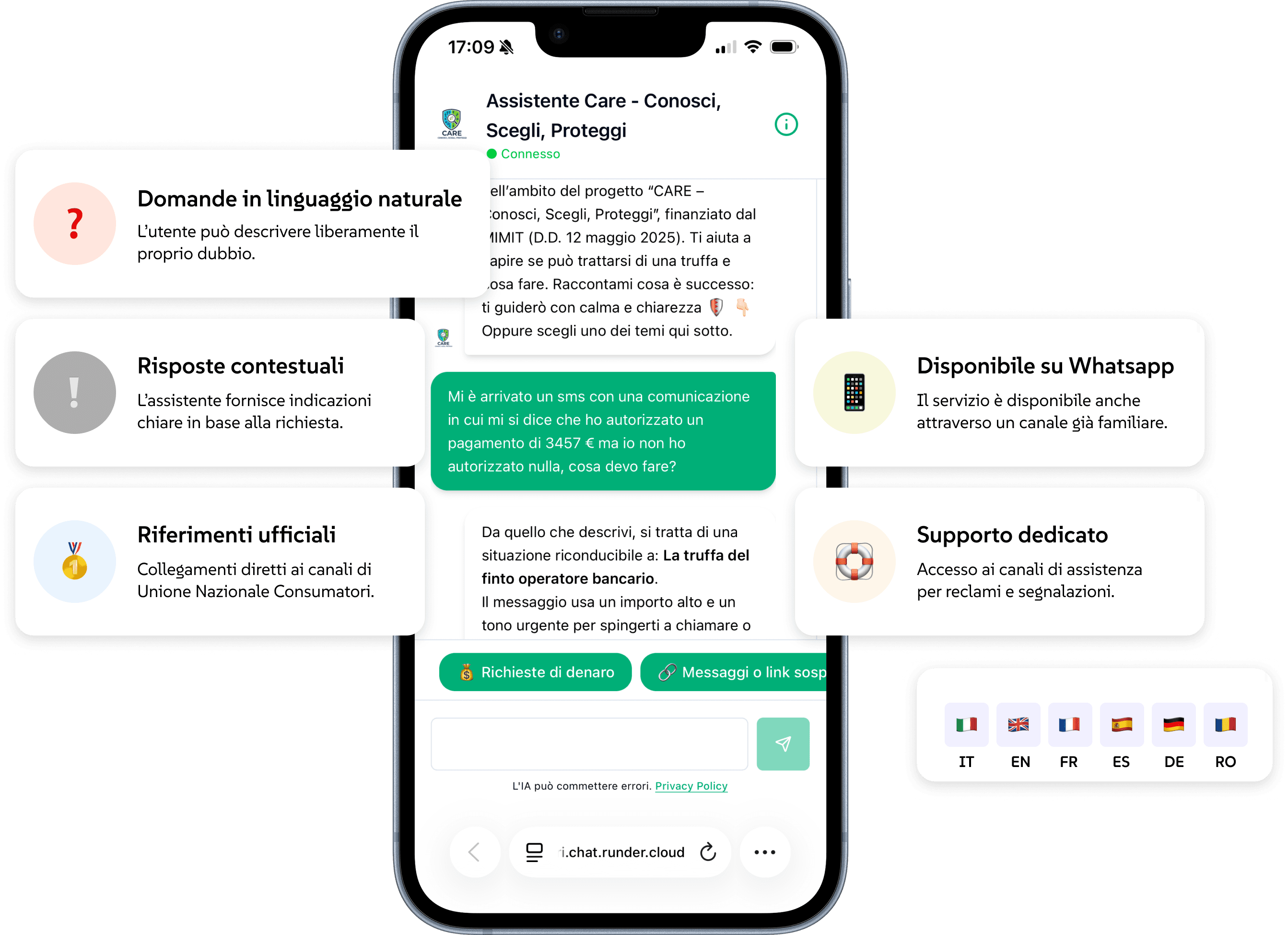 Assistente Care in chat: domanda su un SMS sospetto e risposta contestuale
