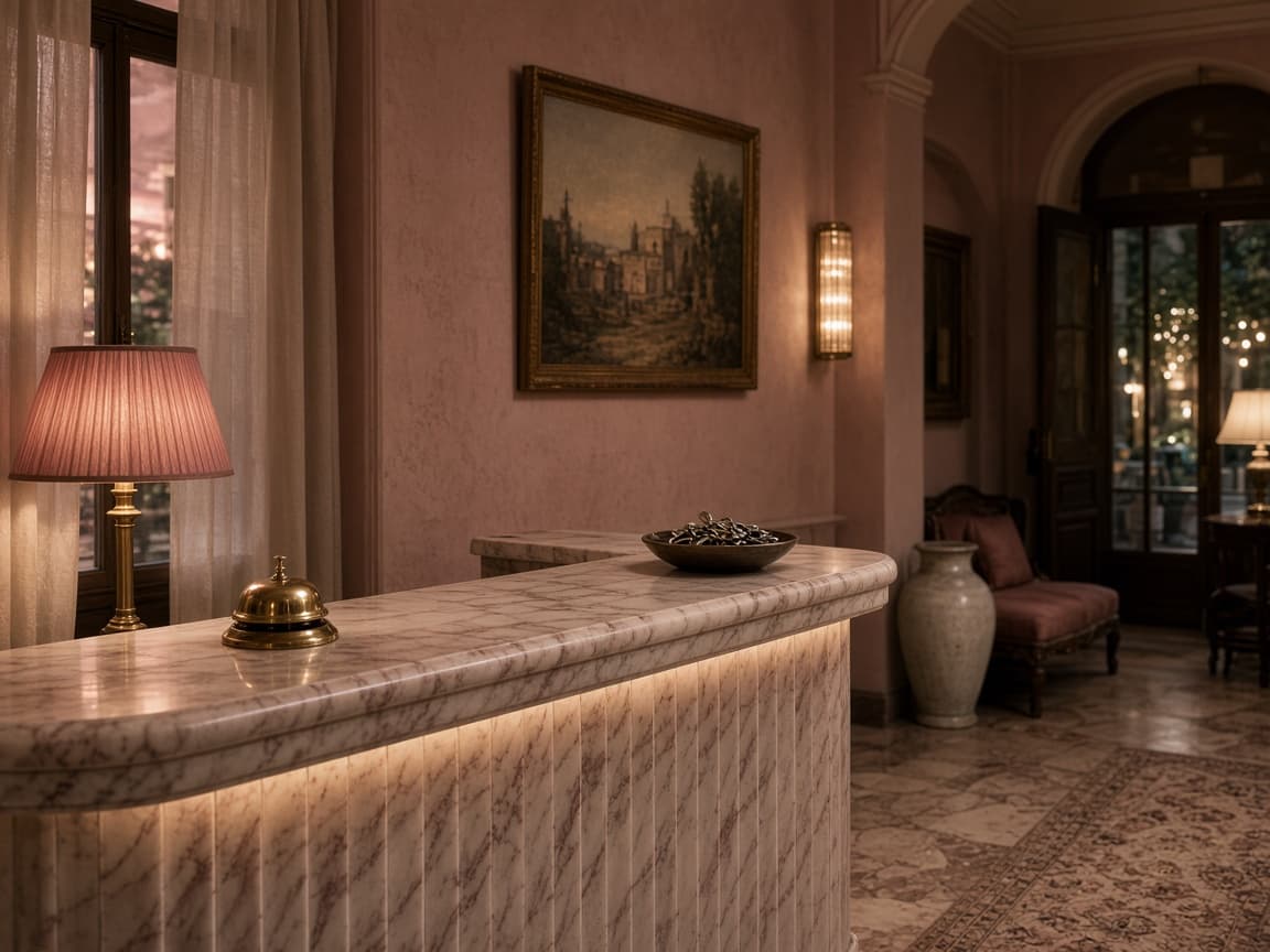 Visual editoriale di una viaggiatrice, non una schermata di hotel o PMS