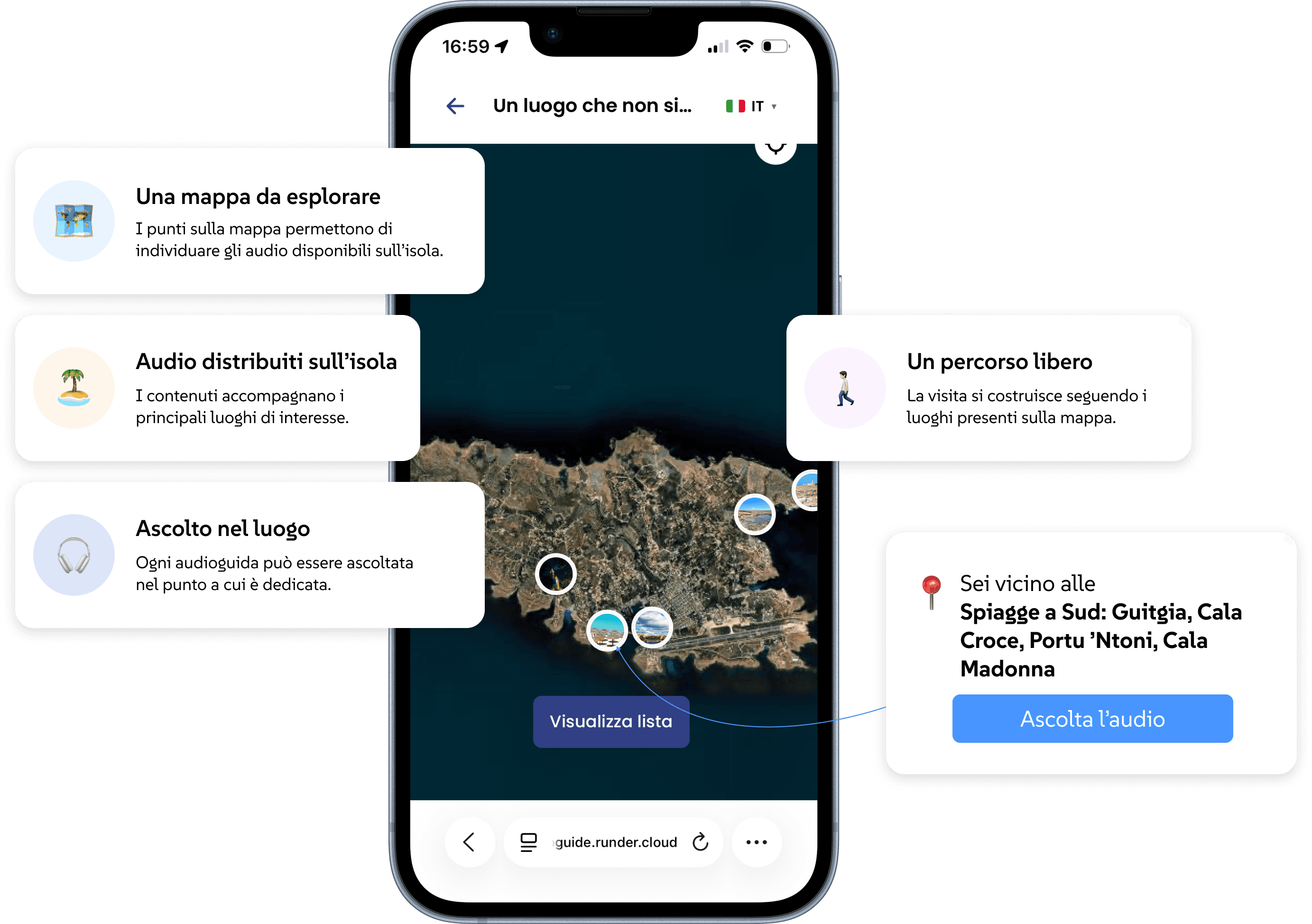 Mappa RunPlay di Lampedusa con tappe geolocalizzate e ascolto nel luogo, anche senza connessione