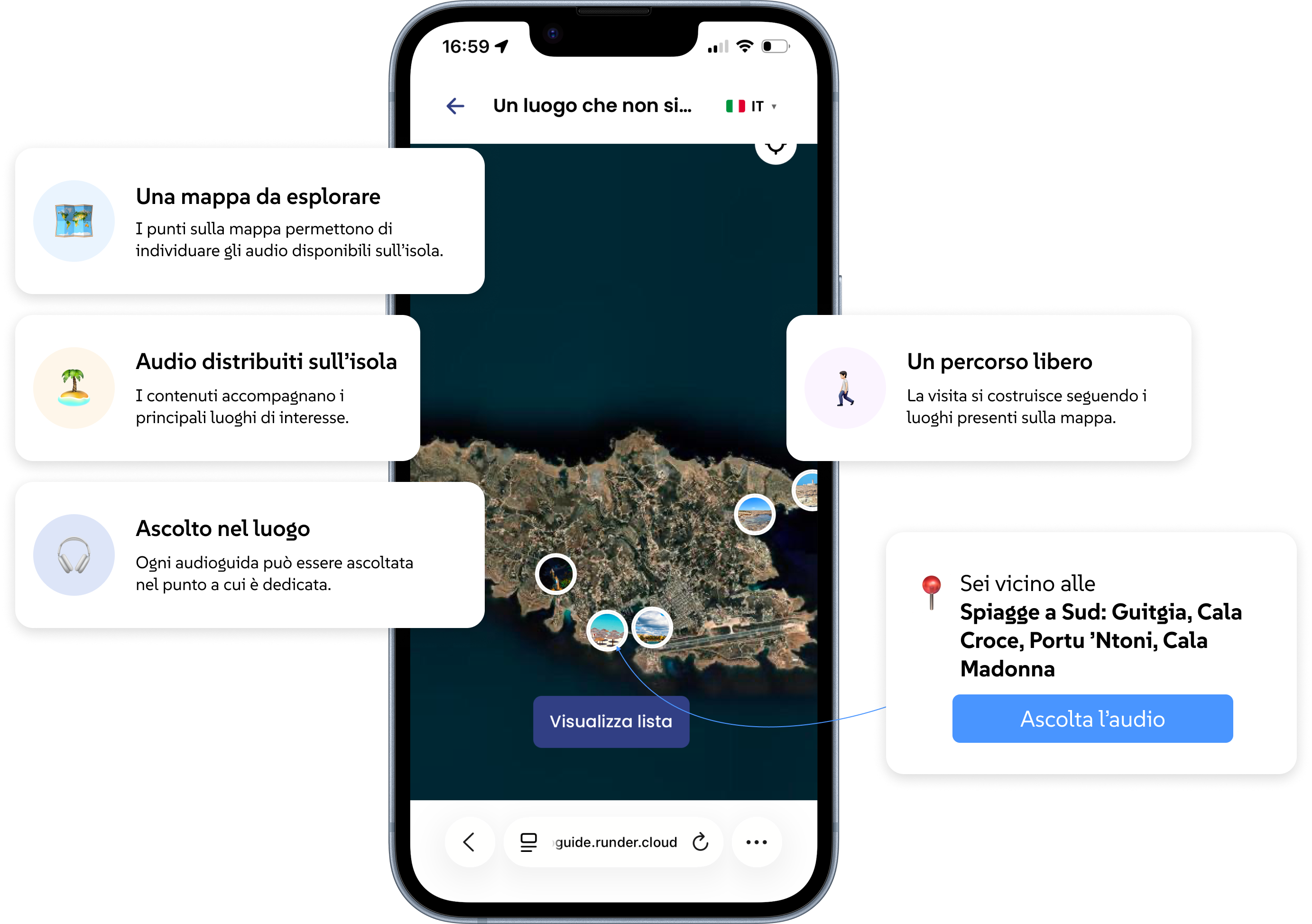 Schermata reale RunPlay con mappa e tappe delle Audioguide di Lampedusa