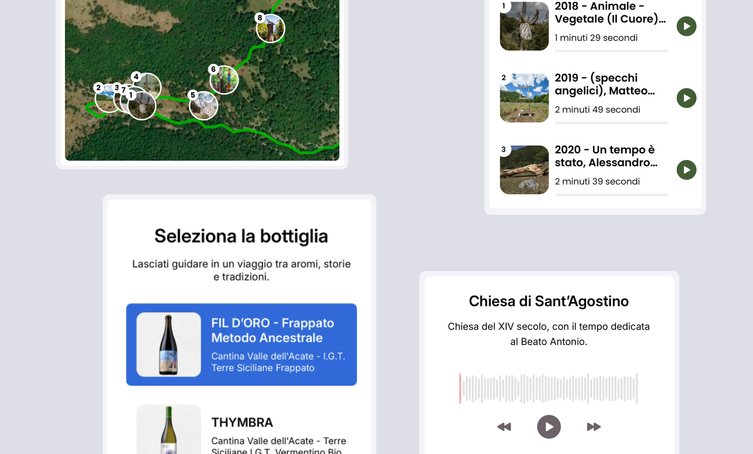 Schermate reali di RunPlay: mappa del percorso, tappe audio, scelta del prodotto e player